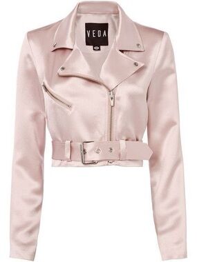 Veda Exclusive Cropped Satin Moto Jacket Blush Pink Zip Jacket, S, NWT, $458